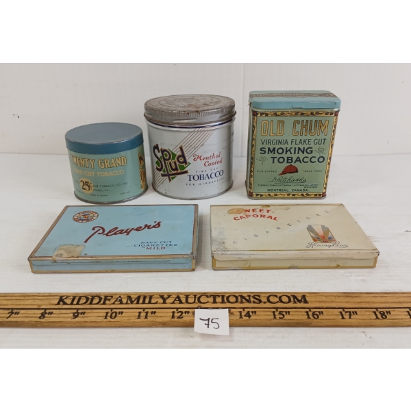 LOT OF 5 - TOBACCO TINS - INCL PLAYER'S, SWEET CAPORAL, ETC.