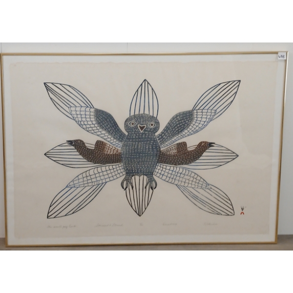 "THE SMALL GREY OWL" BY KAKULU SAGGIAKTOK (PRS CDN ARTIST) - FRAMED STONECUT & STENCIL