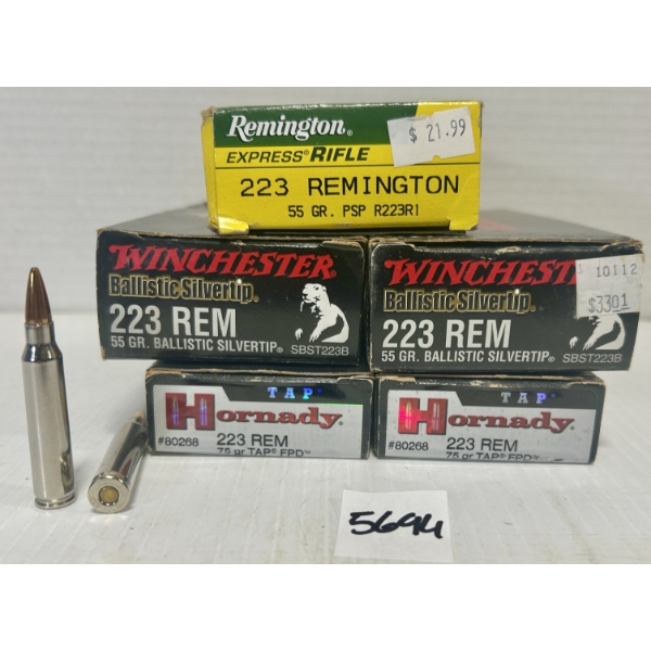 AMMO/BRASS: 57X LIVE & 29X BRASS .223 REM 75GR. & 55GR.