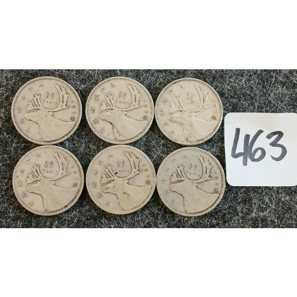 LOT OF 6 - 1938 CDN 25 CENT COINS