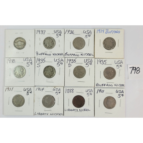 LOT OF 12 - 1888-1947 US 5 CENT COINS - INCL LIBERTY & BUFFALO