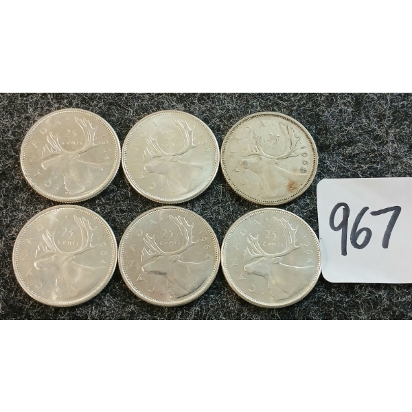 LOT OF 6 - 1964-1968 CDN 25 CENT COINS