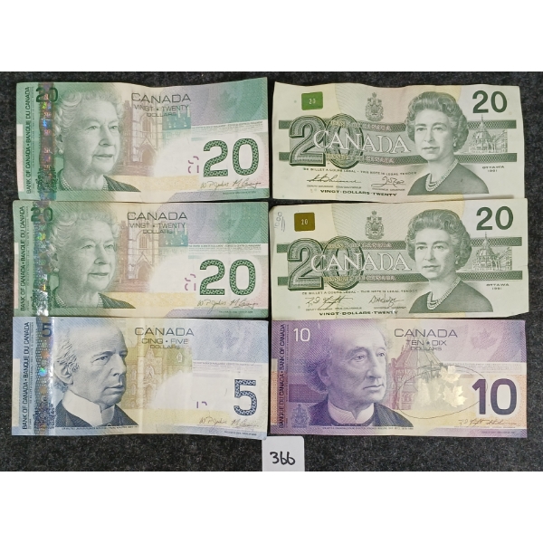 LOT OF 6 - 1991-2006 CDN $5, 10 & 20 BANKNOTES