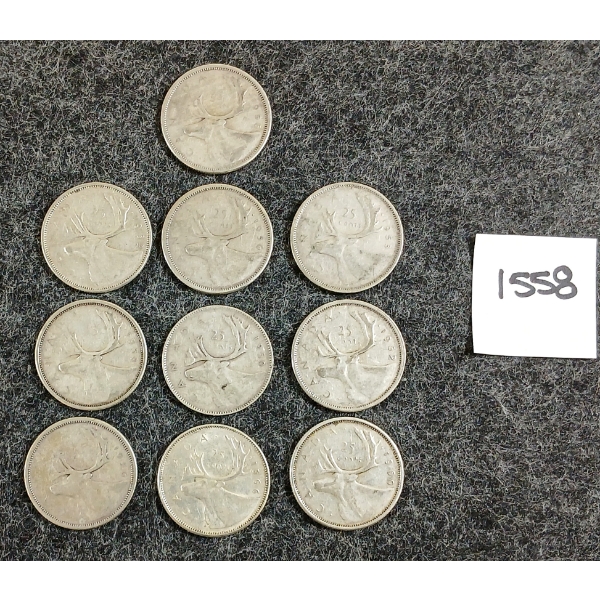 LOT OF 10 - 1950-1966 CDN 25 CENT SILVER COINS