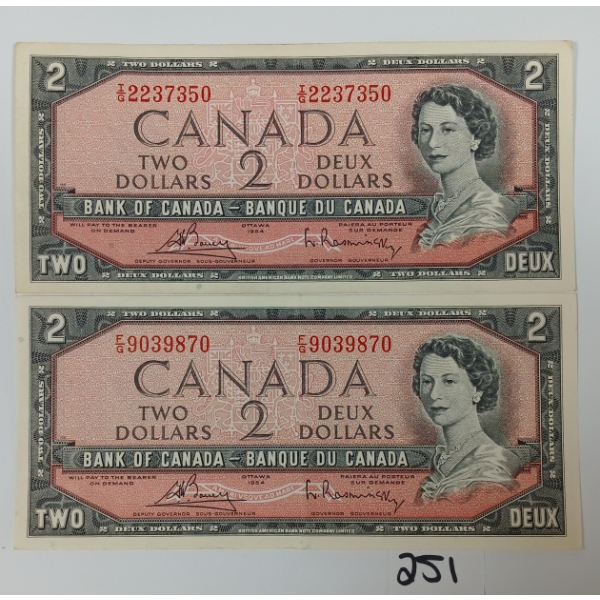 LOT OF 2 - 1954 CDN $2 BANKNOTES