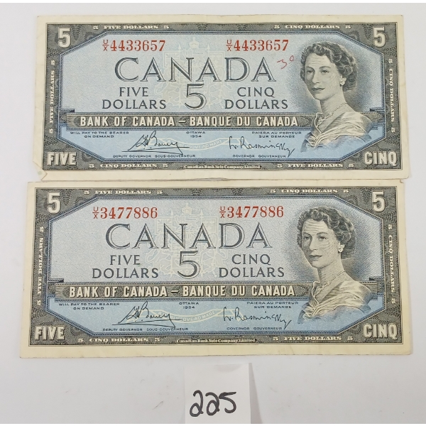 LOT OF 2 - 1954 CDN $5 BANKNOTES