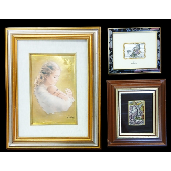 LOT OF 3 - GOLD & SILVER FOIL ETCHINGS - INCL MOTHER & CHILD, ETC. 