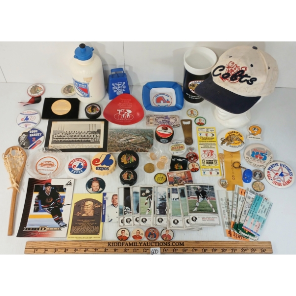 JOB LOT - ASSORTED SPORTS COLLECTIBLES - TICKETS, LANYARDS, CARDS, PHOTOS, BOOKS, TOKENS, PINS, ETC
