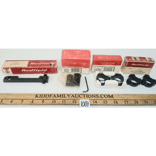 LOT OF 3 - REDFIELD SCOPE MOUNT BASE, 2 PC SCOPE MOUNT BASE & 1IN SPLIT HIGH SCOPE RINGS