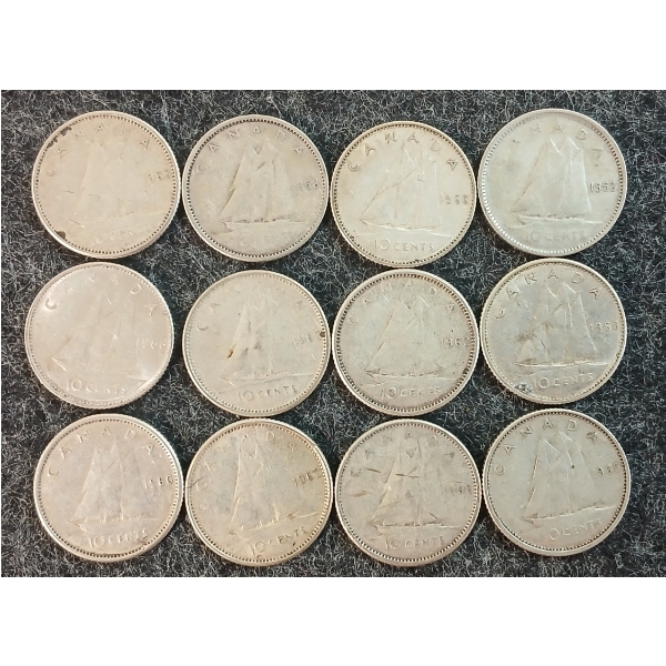 LOT OF 12 - 1952-1968 CDN 10 CENT COINS
