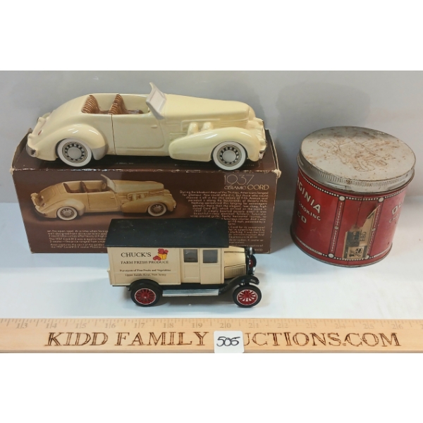 LOT OF 9 - AVON CERAMIC 1937 CORD, OLD VIRGINIA TOBACCO TIN, 1924 CHEVY DIECAST MODEL & MINI MODELS