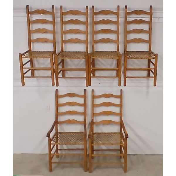 LOT OF 6 - LADDER-BACK DINING CHAIRS W/ RAWHIDE WOVEN SEATS