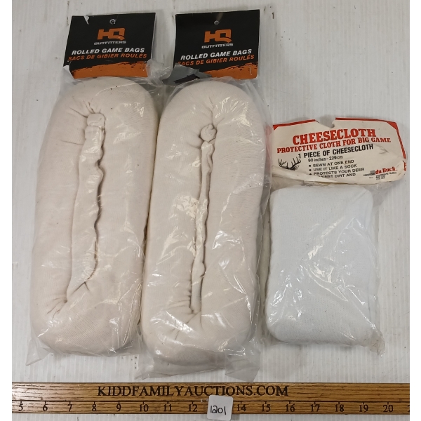 LOT OF 3 - HQ OUTFITTERS ROLLED GAME BAGS & PROTECTIVE CLOTH FOR BIG GAME