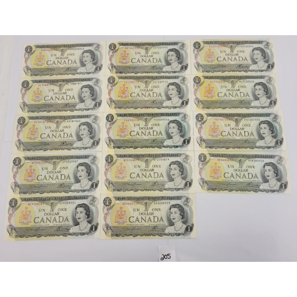 LOT OF 14 - 1973 CDN $1 BANKNOTES