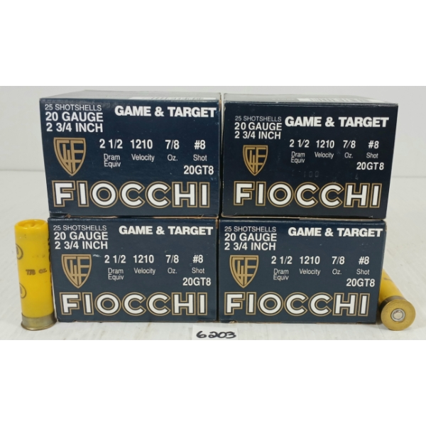 AMMO: 100 X FIOCCHI 20GA 2 3/4IN - 8 SHOT