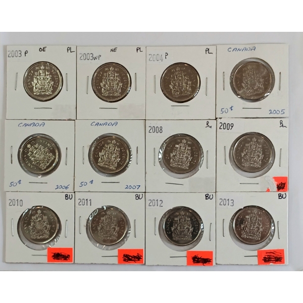 LOT OF 12 - 2003-2013 CDN 50 CENT COINS
