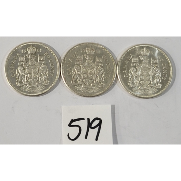 LOT OF 3 - 1961 CDN 50 CENT SILVER COINS