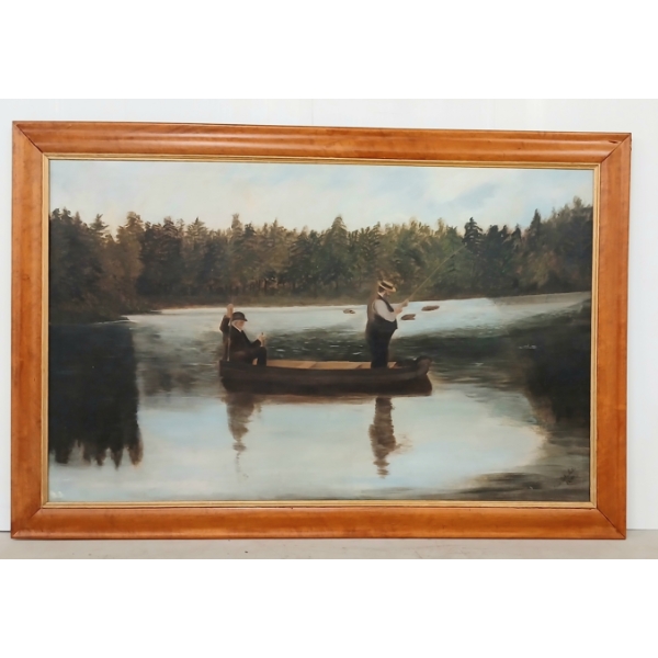 FISHING SCENE BY ARIS WEBSTER (19TH CENTURY CDN ARTIST) - FRAMED OIL ON CANVAS
