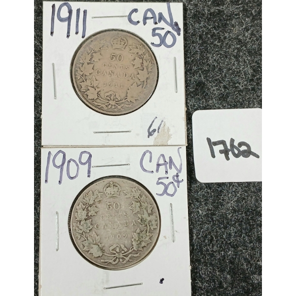 LOT OF 2 - 1909 & 1911 CDN SILVER 50 CENT COINS