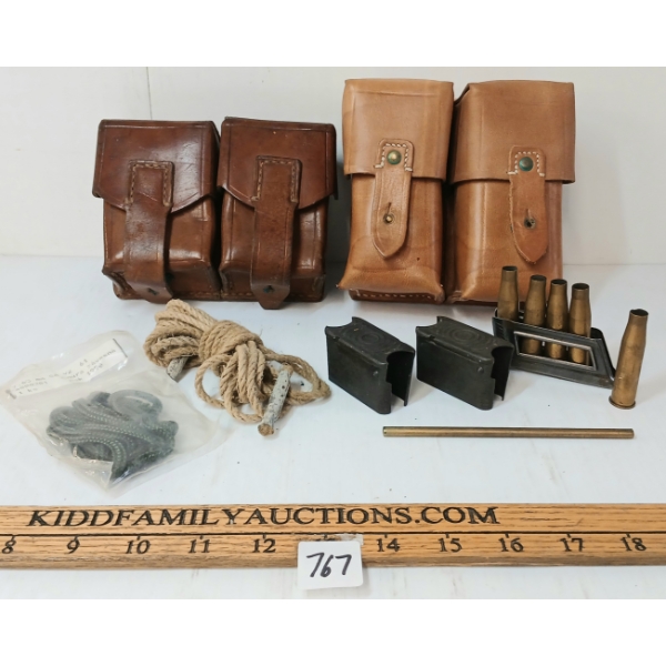 LOT OF 13 - LEATHER AMMO POUCHES, WWII M1 GARAND ENBLOCS, AUSTRIAN 8X56MMR MANNLICHER BRASS, ETC