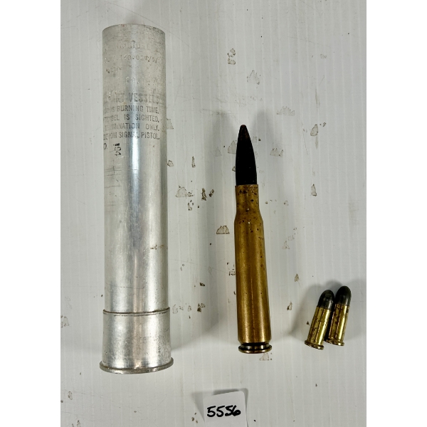 AMMO: 1X 37 MM FLARE, 1X .50 BMG & 2X MATTEL TOY GUN CARTRIDGES