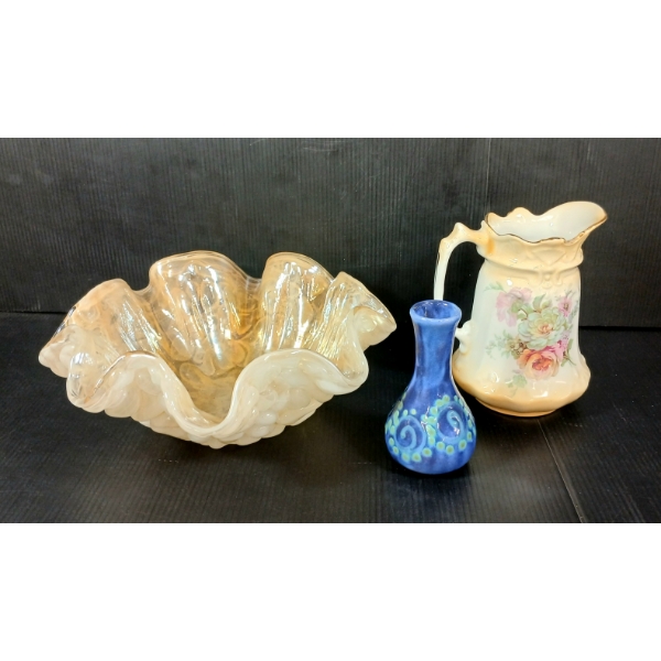 LOT OF 3 - MURANO STYLE IRIDESCENT SCALLOPED BOWL, OLD FOLEY PITCHER & VASE