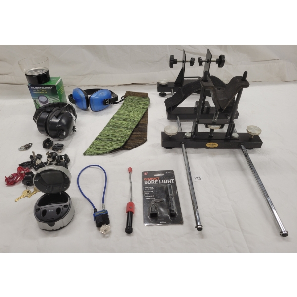 JOB LOT - HYSKORE RIFLE SIGHT IN VISE, NOISE CANCELING HEADPHONES, GUN SOCKS, ETC