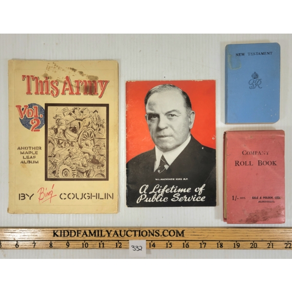 LOT OF 4 - WWII CDN NEW TESTAMENT, COMPANY ROLL BOOK, ETC. 