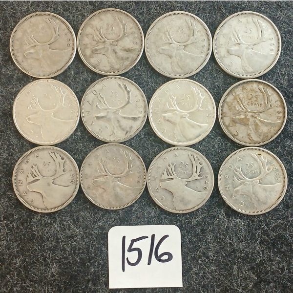 LOT OF 12 - 1940-1965 CDN 25 CENT COINS