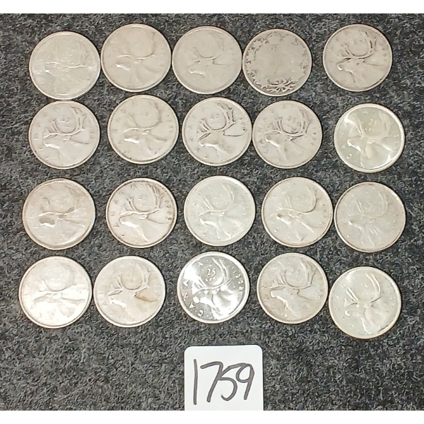 LOT OF 20 - 1940-1966 CDN 25 CENT COINS