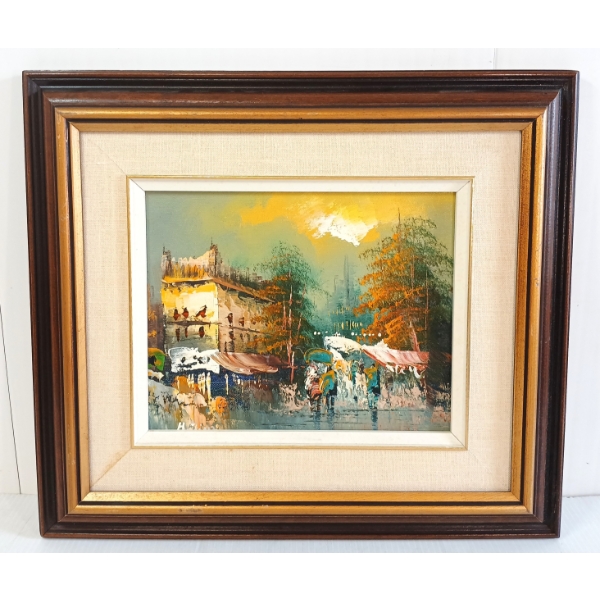 RAINY MARKETPLACE BY H. PIM - FRAMED OIL ON CANVAS