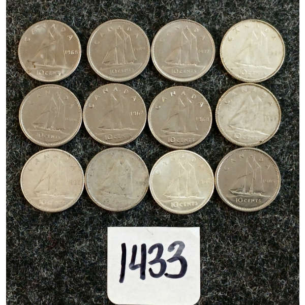 LOT OF 12 - 1950-1972 CDN 10 CENT COINS