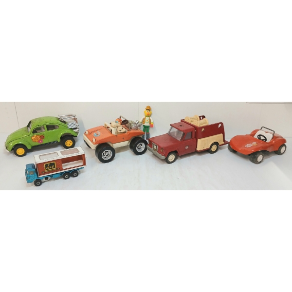 LOT OF 6 - BUDDY L, TONKA & MATCHBOX CARS W/ BERT FIGURE