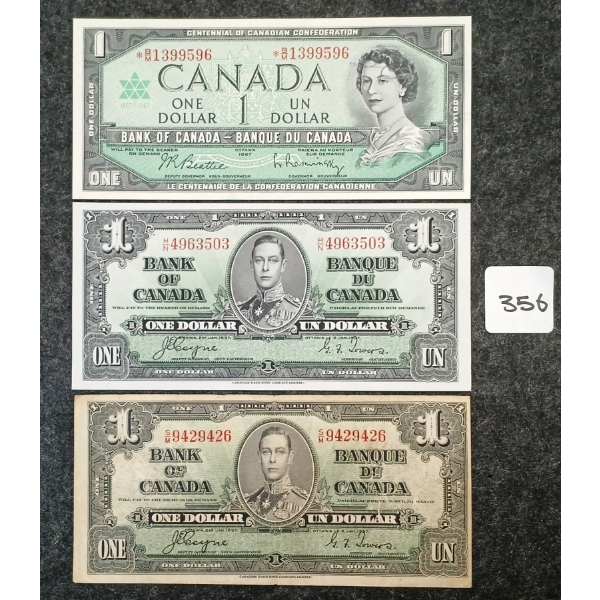 LOT OF 3 - 1937 & 1967 CDN $1 BANKNOTES 