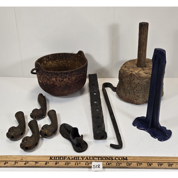 JOB LOT - CAST IRON POT, ORNATE CAST FEET, SHOE LAST ETC.