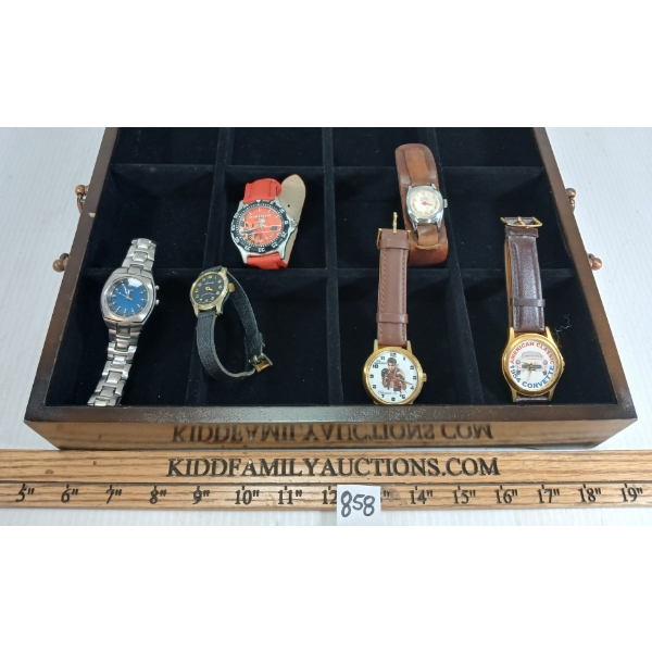 LOT OF 7 - MISC WATCHES & WATCH CASE - INCL FOSSIL BLUE, DEPRAZ, MAXIM-ALL, ETC