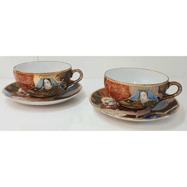 PAIR JAPANESE SATSUMA MORIAGE TEACUPS & SAUCERS - "THE EMPRESS AND HER ADVISOR"
