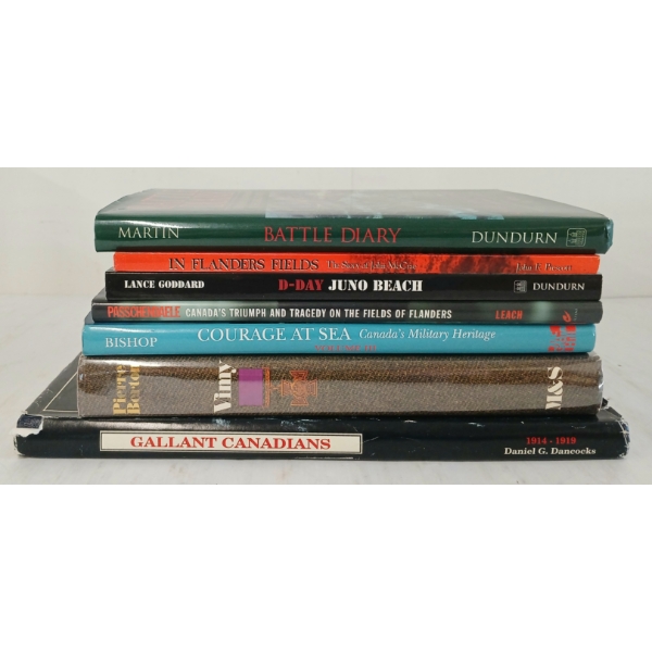 LOT OF 7 - CDN MILITARY BOOKS - "BATTLE DIARY", "COURAGE AT SEA", "GALLANT CANADIANS", ETC