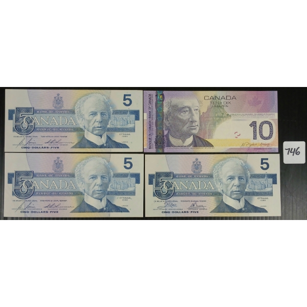 LOT OF 4 - 1986 & 2005 CDN $5 & $10 BANKNOTES