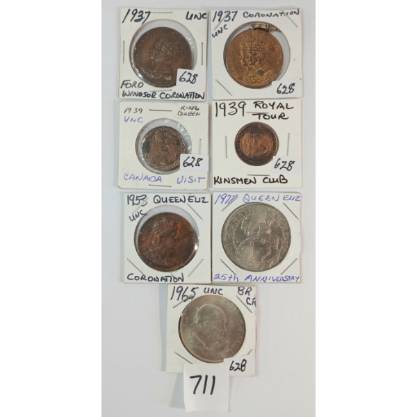 LOT OF 7 - BRITISH CORONATION & COMMEMORATIVE COINS - INCL 1937, 1939, 1953, 1965 & 1977