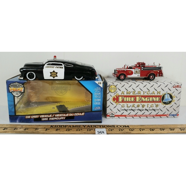 LOT OF 2 - CORGI DIECAST 1949 MACK L FIRE ENGINE & JADA 1951 MERCURY PATROL CAR