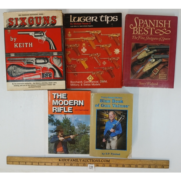 LOT OF 5 - "BLUE BOOK OF GUN VALUES", "LUGER TIPS", "SIX GUNS", "THE MODERN RIFLE" & "SPANISH BEST"
