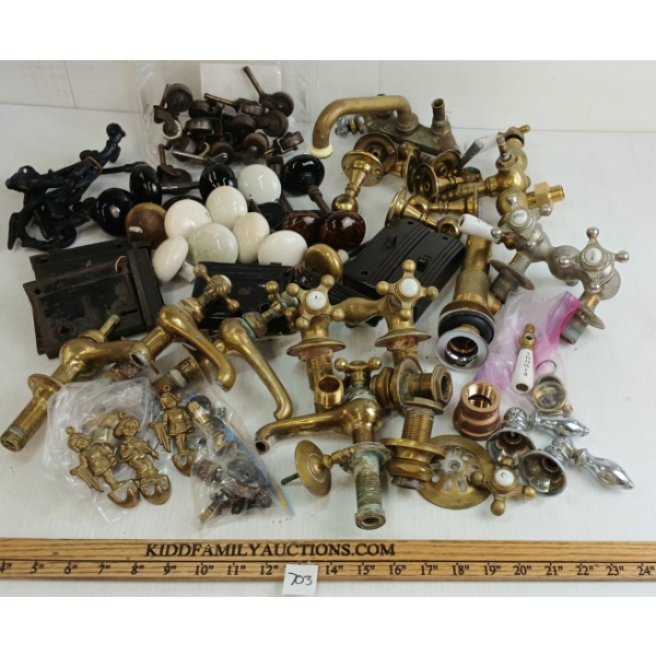 JOB LOT - VINTAGE HOUSE HARDWARES - INCL BRASS FAUCETS, PORCELAIN DOOR KNOBS, ETC