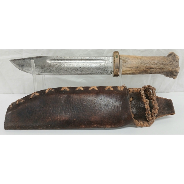 STAG HANDLED KNIFE W/ LEATHER SHEATH
