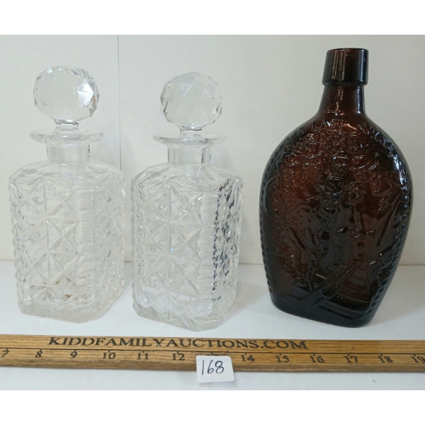 LOT OF 3 - CRYSTAL DECANTERS & 1885 "THE LAST SPIKE" EMBOSSED BOTTLE