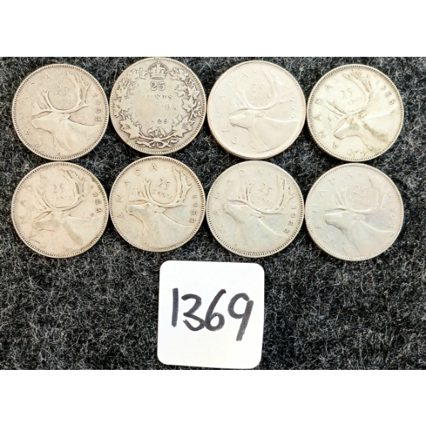 LOT OF 8 - 1929-1966 CDN 25 CENT COINS