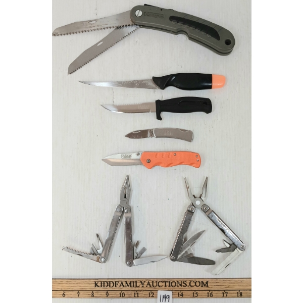 LOT OF 7 - FOLDING KNIVES, POCKET TOOLS, FOLDING SAW & FILET KNIVES