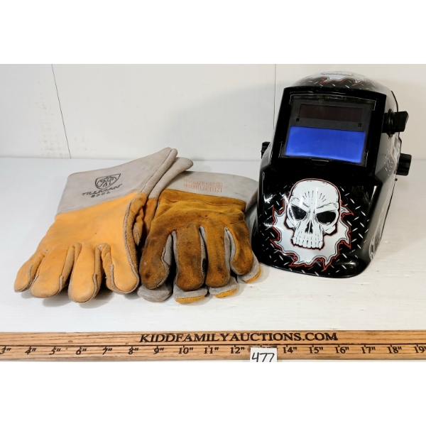 LOT OF 3 - LINCOLN ELECTRIC WELDING HELMET & TILLMAN & CANDER GOLDEN GLOVES