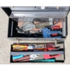 Image 2 : TOOLBOX W/ CONTENTS - PLIERS, STAPLERS, FOLDING TOOLS, ETC
