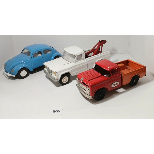 LOT OF 3 - TONKA PRESSED STEEL BUG BEETLE, JEEP TOW TRUCK & FORD PICKUP 